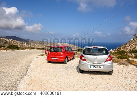 Ios, Greece - September 21, 2020: Opel Corsa And Seat Mii On The Road In The East Part Of Ios Island