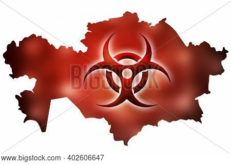 Biohazard Sign Against The Background Of A Contour Map Of Kazakhstan With A Red Glow. The Concept Of