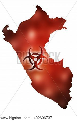 Biohazard Sign Against The Background Of A Contour Map Of Peru With A Red Glow. The Concept Of A New