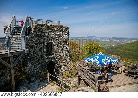 Ruins Of The Old Medieval Gothic Castle Tolstejn With Beautiful View To Mountains Luzicke Hory In Su