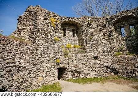 Ruins Of The Old Medieval Gothic Castle Tolstejn With Beautiful View To Mountains Luzicke Hory In Su