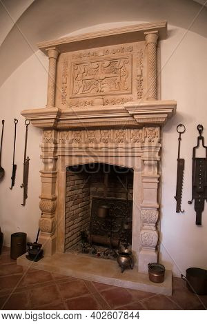 Radim Castle Interior, Grand Hall Of Renaissance Chateau, Room With Marble Hearth And Gothic Large H