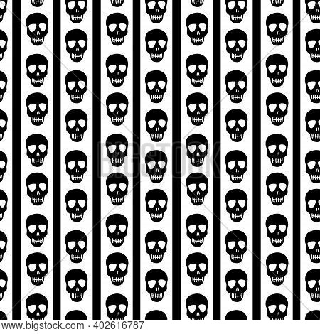 Seamless Skull Pattern On A Black And White Striped Background. Striped Pattern With Skulls.design F