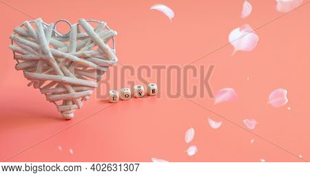 White Starw Heart And Letters With Love Inscription On The Pink Background. Mockup Banner Photo, Spa