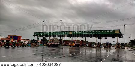 Perambalur , Tamil Nadu, India - December 4th 2020: Busy Fastag Highway Toll Gate Checkpoint On Mons