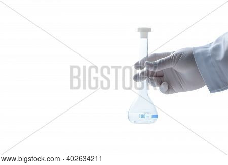 Hand Scientist Wearing Rubber Gloves And Hold 100 Ml. Erlenmeyer Flasks Isolated On White Background