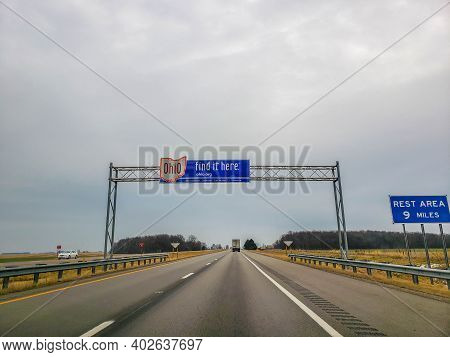 Monroeville, In, December 19, 2020, Welcome To Ohio Sign Above Over State Route 30 At Ohio Indiana S