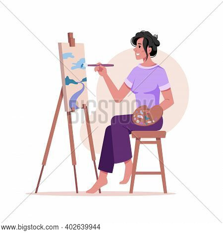 Artist Paints Picture At Easel Isolated Woman With Brush Drawing On Tripod At Paper Isolated Flat Ca