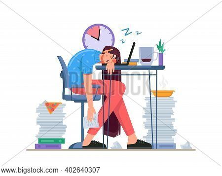Home Office Problems Of Freelancers. Worker Having Irregular Working Hours, Sleeping And Eating At W