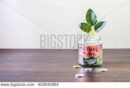 A Glass Jar Full Of Coins And A Plant Growing Through It. Concept Image Showing Investing In Mutual 
