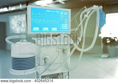 Icu Artificial Lung Ventilator With Fictive Design In Modern Hospital With Selective Focus - Fight C