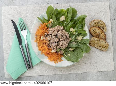 Rucula, Tuna, Parmesan And Carrot Salad With Toast.
