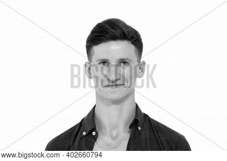 Got Close Shave. Happy Guy Isolated On White. Handsome Guy Smile With Stylish Haircut. Barbershop. H