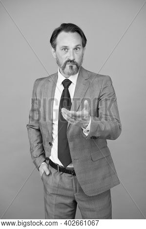 Keep Professional Look Up. Professional Man Grey Background. Mature Employee Wear Formal Suit. Profe