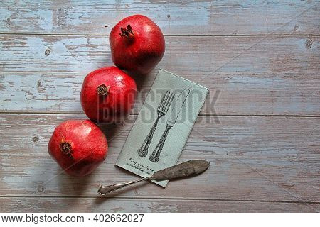 Three Beautiful Red Grenades, Grenades On The Table, Old Knife Next To Grenades, Vintage Knife