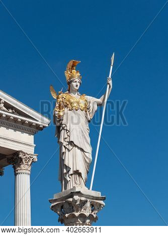 Vienna, Austria - August 01, 2019: Statue Of Pallas Athena In Front Of Austrian Parliament Building 