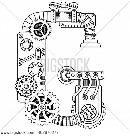 Vector coloring book for adults. Steampunk capital font. Mechanical alphabet made of metal gears and various details on white background. Letter G