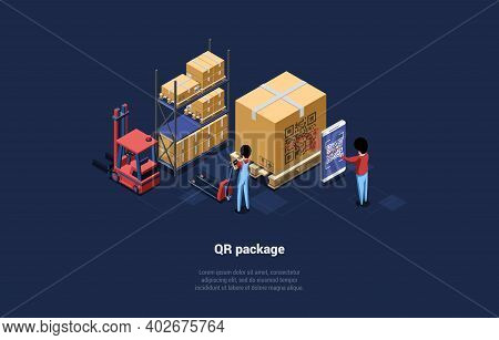 Warehouse With Big Boxes, Qr Code Package. Dark Background With Writing. Vector Illustration In Cart