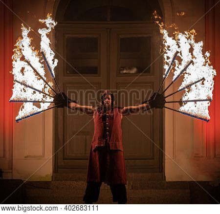 Vaxjo, Sweden - January, 2020. Christmas Fire Show Night Event