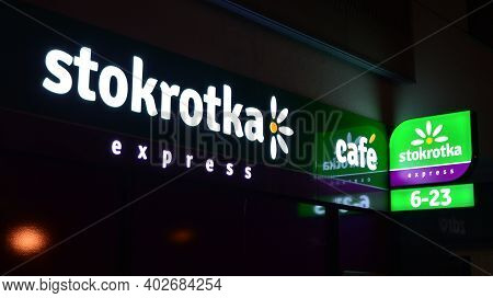 Warsaw, Poland. 10 January 2021. Sign  Stokrotka Express. Company Signboard Stokrotka Express.
