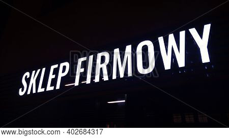 Warsaw, Poland. 10 January 2021. Sign Sklep Firmowy. Company Signboard Sklep Firmowy.