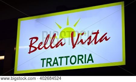 Warsaw, Poland. 10 January 2021. Sign Bella Vista Trattoria. Company Signboard Bella Vista Trattoria