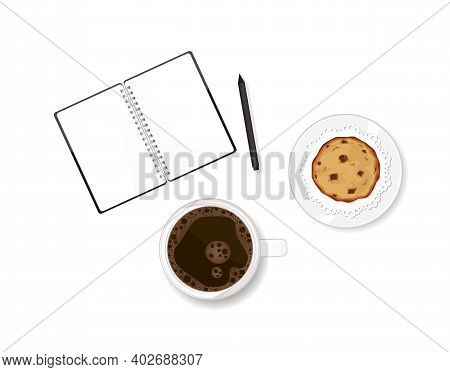 Working Table With Coffee, Chocolate Chip Cookie Dessert And Note Book. Writing Memories In Diary. V