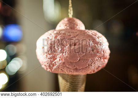 Icecream Cone Artificial Hanging On Display Of Cafe Store Venchi In Milan, Italy. Ice Cream Cone Dec