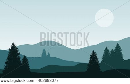 Morning Atmosphere With Beautiful Views Of Trees And Mountains. Vector Illustration