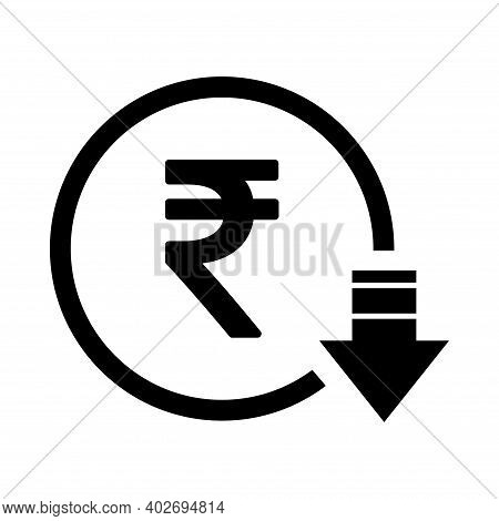 Rupee Reduction Symbol, Cost Decrease Icon. Reduce Debt Bussiness Sign Vector Illustration