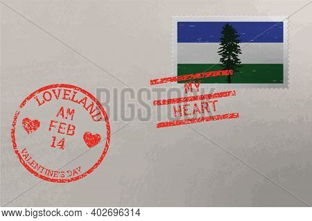 Postage Stamp Envelope With Cascadia Flag And Valentines Day Stamps, Vector
