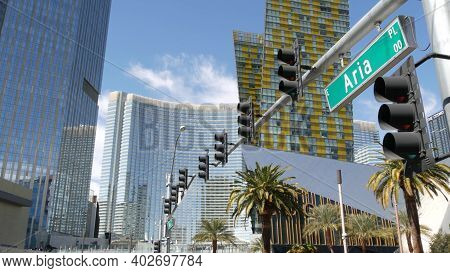Las Vegas, Nevada Usa - 7 Mar 2020: Futuristic Citycenter Casinos In Sin City. Modern Luxury Unincor