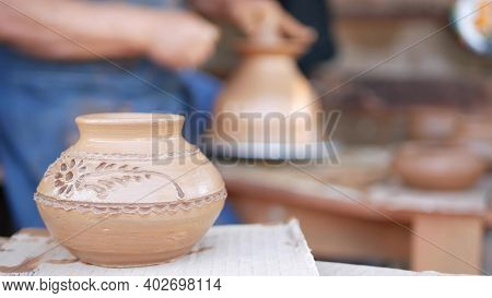 San Diego, California Usa - 5 Jan 2020: Potter Working In Mexican Oldtown, Raw Clay On Pottery Wheel