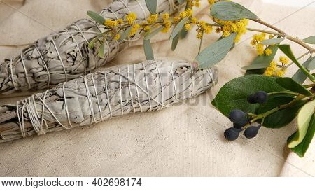 Dried White Sage Smudge Stick, Relaxation And Aromatherapy. Smudging During Psychic Occult Ceremony,
