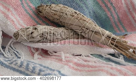 Dried White Sage Smudge Stick, Relaxation And Aromatherapy. Smudging During Psychic Occult Ceremony,