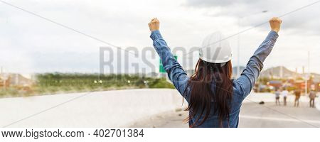 Banner Woman Engineer Entrepreneur Constrcution Industry Worker. Panoramic Female Engineer Working R