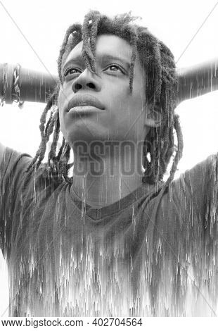 A black and white portrait of a man combined with a contemporary painting