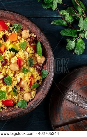 Kuskus, Traditional African Dish, In A Tajine, Top Shot