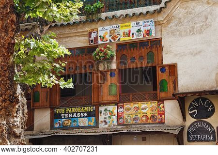 Fez, Morocco - May 31, 2017: Advertising One Of The Restaurants In Medina Quarter Of Fez. The Medina