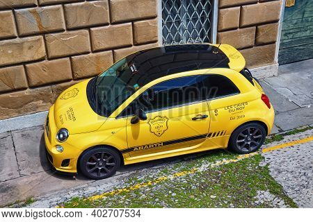 Bergamo, Italy - May 22, 2019: Abarth 500 Yellow Car On The Street. Abarth Is An Italian Racing Car 