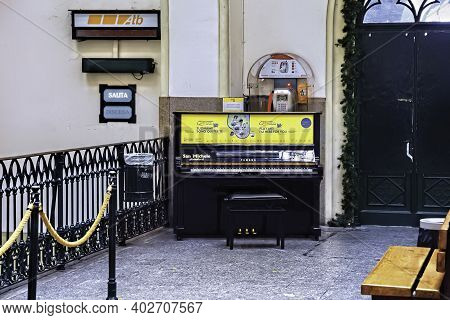 Bergamo, Italy - May 22, 2019: Street Piano On The Funicular Station (stazione Superiore Funicolare)