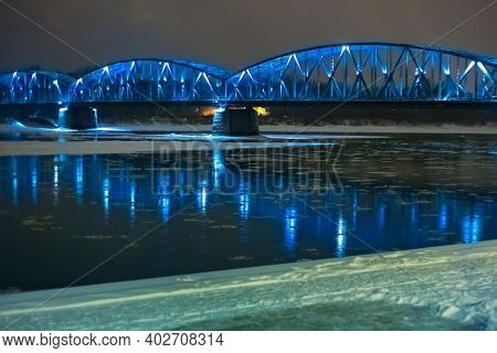 Torun, Poland - January 08, 2016: Night View Of The Road Bridge Of Jozef Pilsudski Over The Vistula 