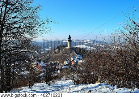 Photo Of Winter Landscape Around The Town Of Štramberk With The Dominant Of The Lookout Castle Tower