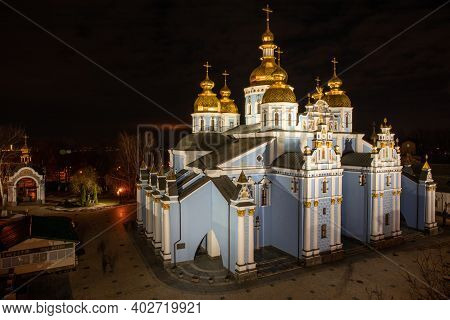 The Orthodox Church Of Ukraine St. Michaels Golden-domed Monastery At Night Light - Kyiv, Ukraine.