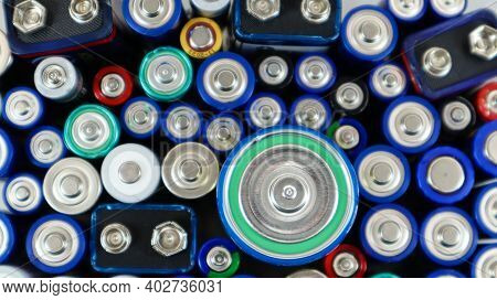 Lots Of Used Household Alkaline Batteries Type Aa, Aaa, Pp3, D, C, Collected For Recycling. Recyclin