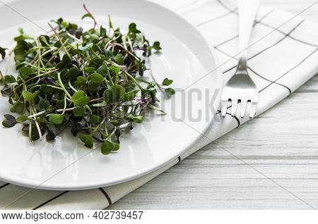 Micro Greens In A Plate On A White Background, Micro Green, Healthy Food Concept