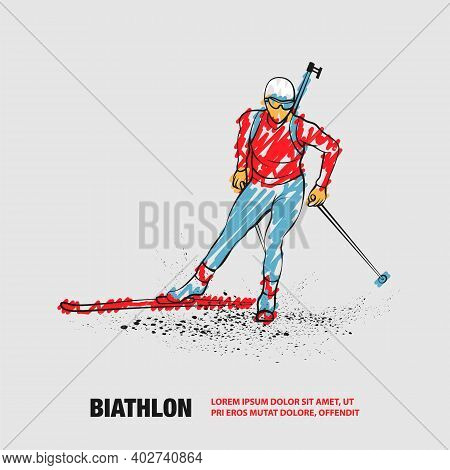 Biathlon Girl Linear Silhouette Skiing. Vector Outline Biathlon Ski Illustration With Scribble Doodl
