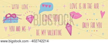 Set For Happy Valentines Day. Cute Hand Drawn Elements And Lettering. Ideal For Card Poster Print. H