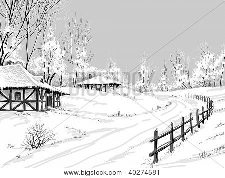 Идиллический зимний пейзаж вектор рука рисунок.