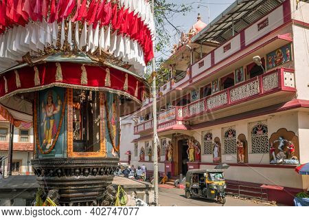 Mangalore, India - December 7, 2019: Mangalore street scene with a temple square view, Karnataka state, India.